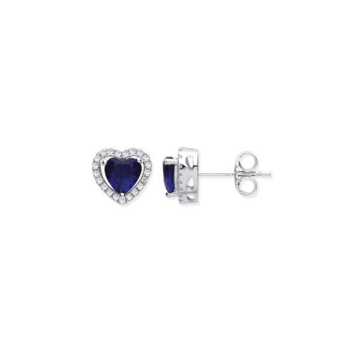 Silver Blue CZ Halo Heart Stud Earrings