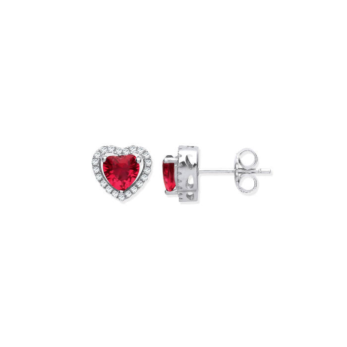 Silver Red CZ Halo Heart Stud Earrings
