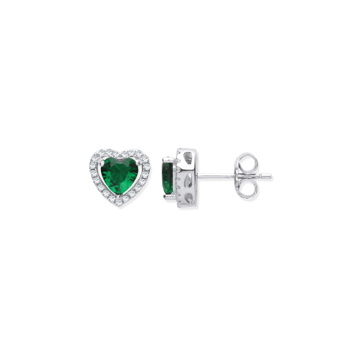 Silver Green CZ Halo Heart Stud Earrings