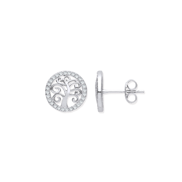 Silver Tree of Life CZ Stud Earrings