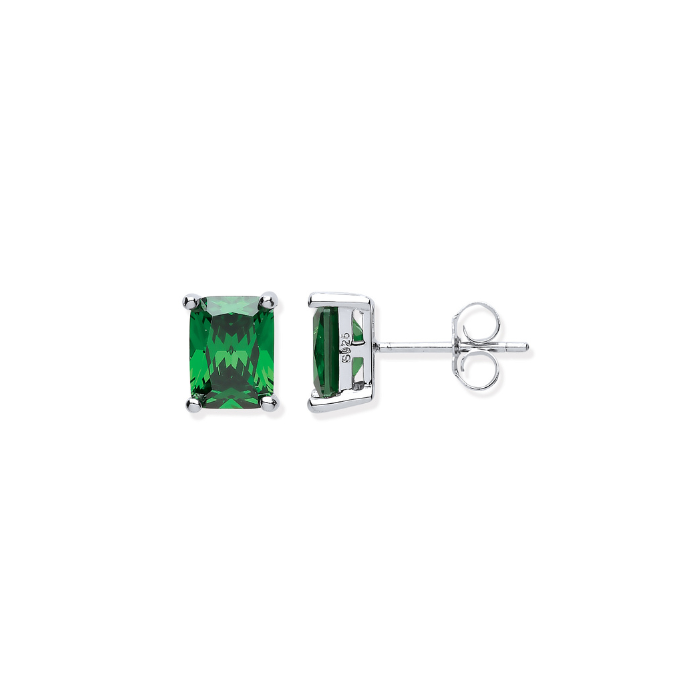 Silver Green CZ Emerald Cut Stud Earrings
