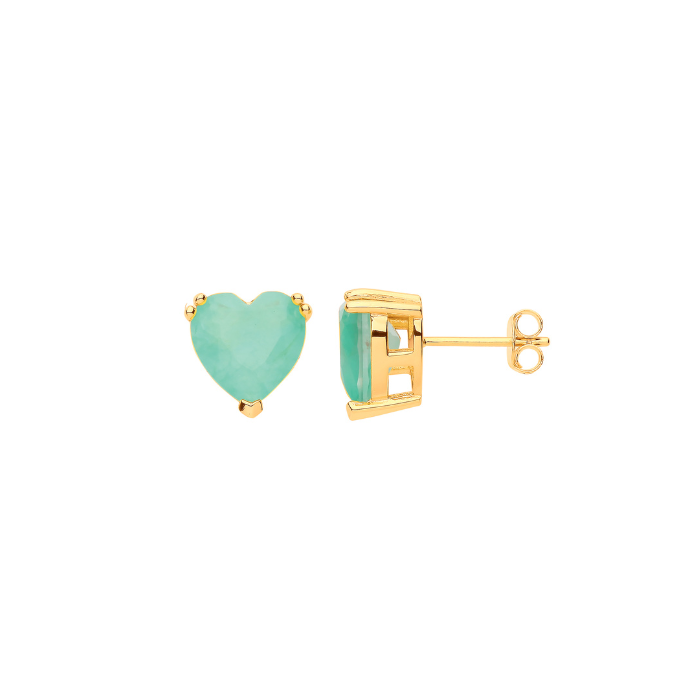 Silver Yellow Gold Plated Green Heart Stud Earrings