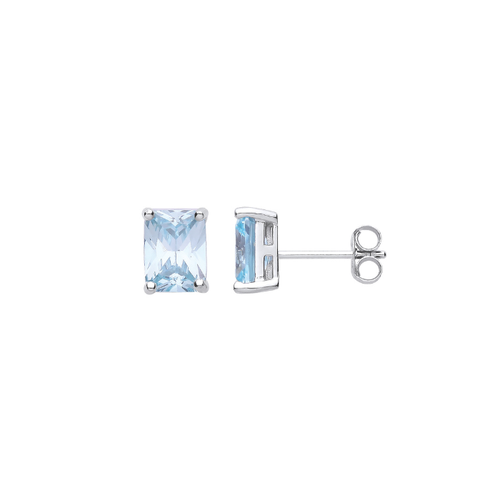 Silver Blue CZ Emerald Cut Stud Earrings