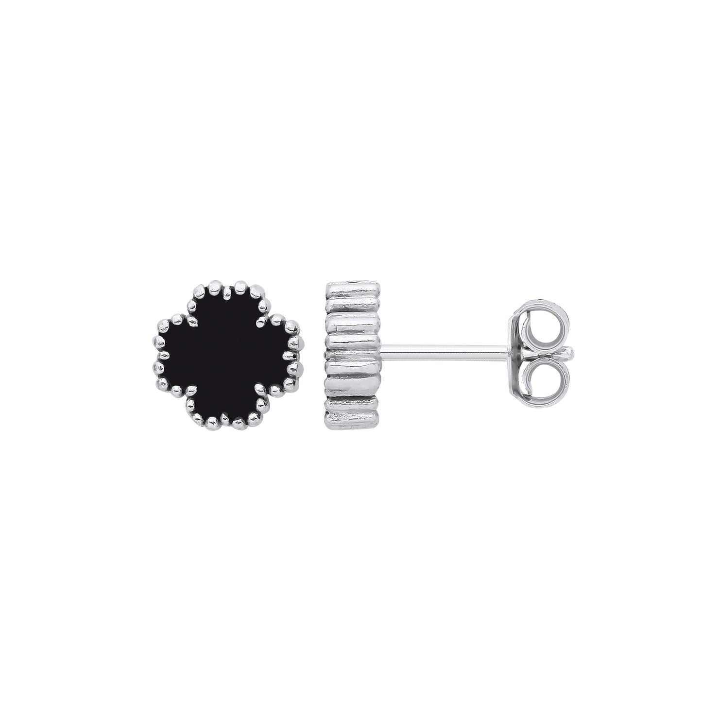 Silver Black Enamel Four Leaf Clover Studs