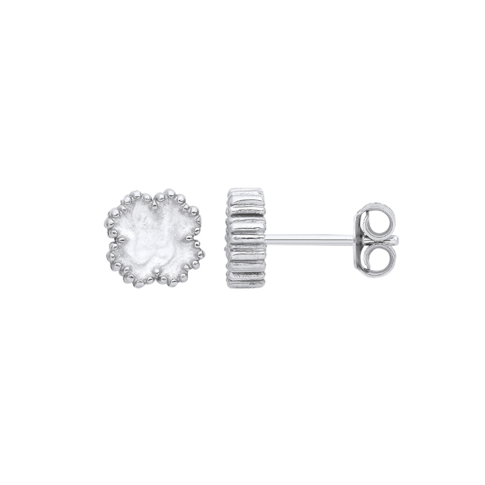 Silver White Enamel Four Leaf Clover Studs