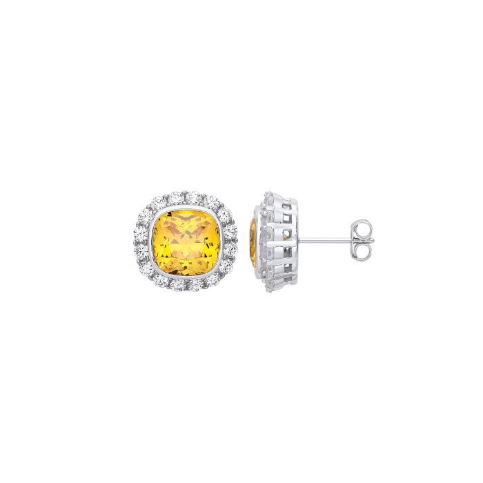 Silver Yellow CZ Halo Stud Earrings