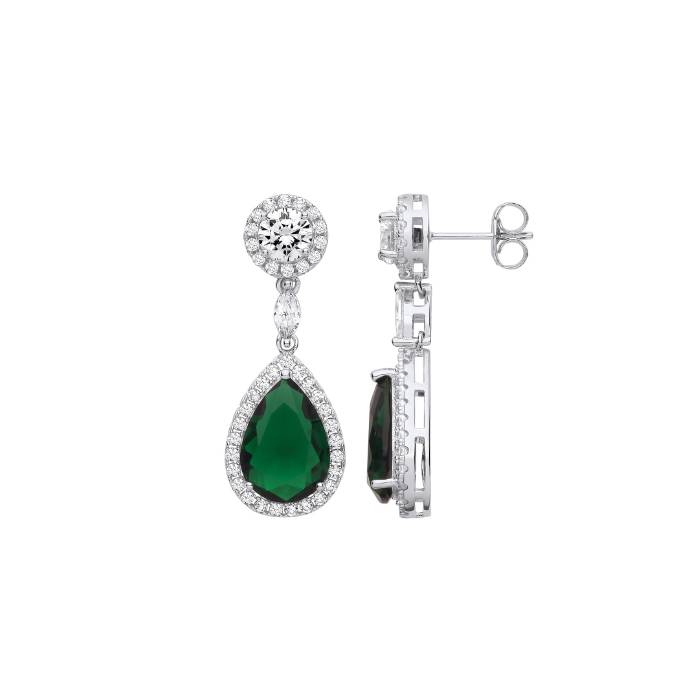Silver Green CZ Pear Drop Earrings