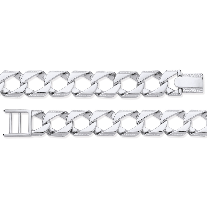 Silver 15mm Large Square Curb Ribbed Edge Link Gents Bracelet