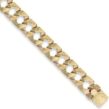 Yellow Gold 15mm Plain & Patterned Casted Curb Bracelet