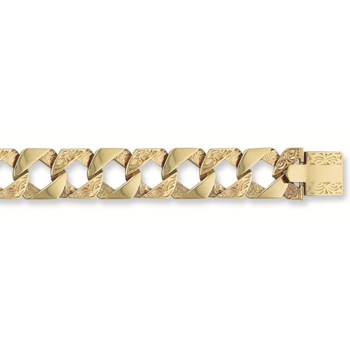 Yellow Gold 15mm Plain & Patterned Casted Curb Bracelet