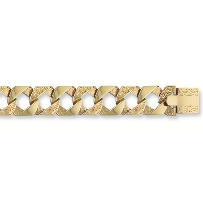 Yellow Gold 15mm Plain & Patterned Casted Curb Bracelet