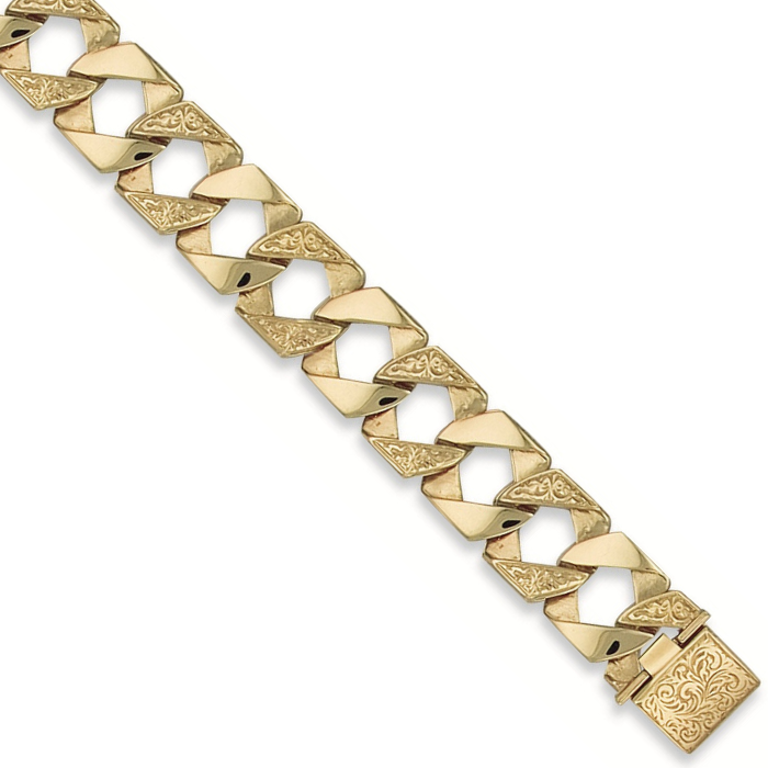 Yellow Gold 17mm Plain & Patterned Casted Curb Bracelet