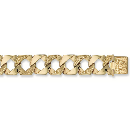 Yellow Gold 17mm Plain & Patterned Casted Curb Bracelet