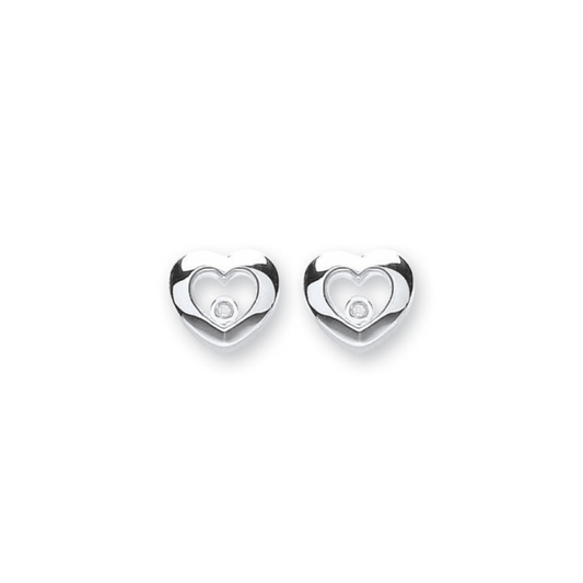 Silver Floating CZ Heart Stud Earrings