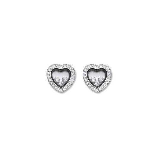 Silver Floating CZ Heart Stud Earrings
