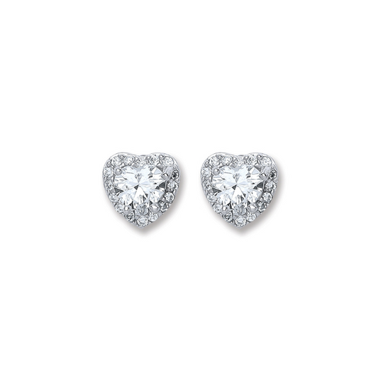Silver CZ Heart Stud Earrings
