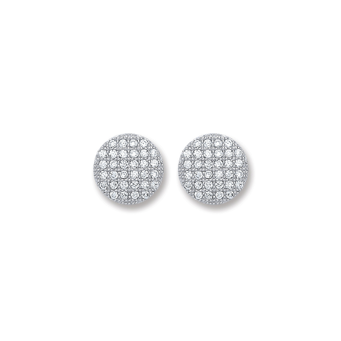 Silver Button Cz Stud Earrings