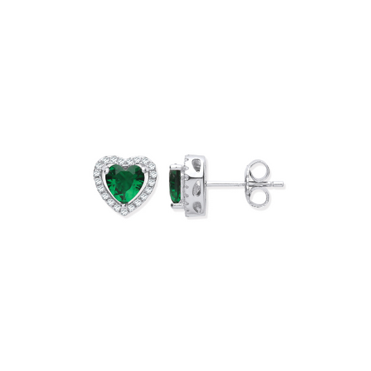 Silver Green CZ Halo Heart Stud Earrings