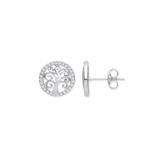 Silver Tree of Life CZ Stud Earrings