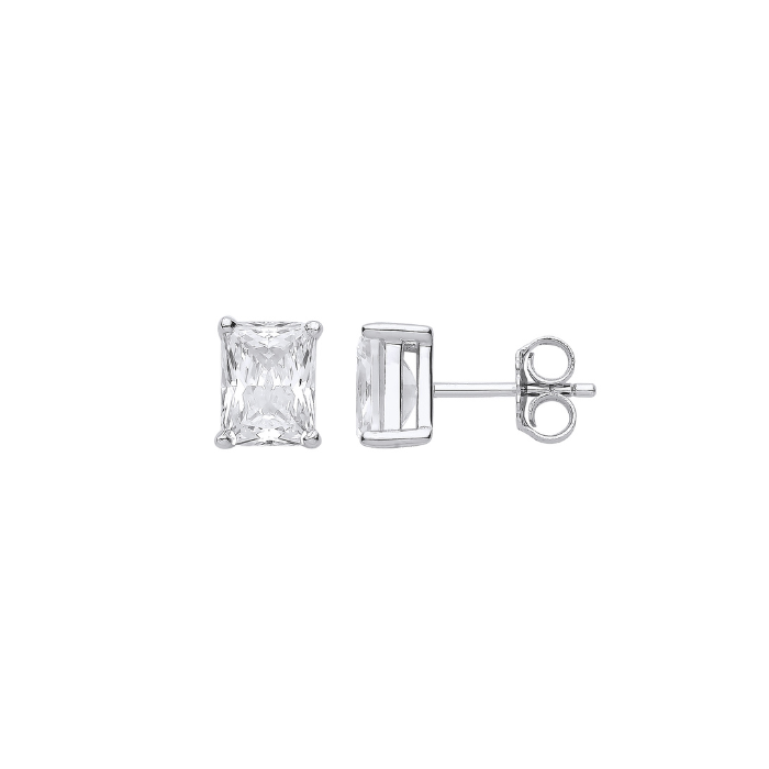 Silver Clear CZ Emerald Cut Stud Earrings