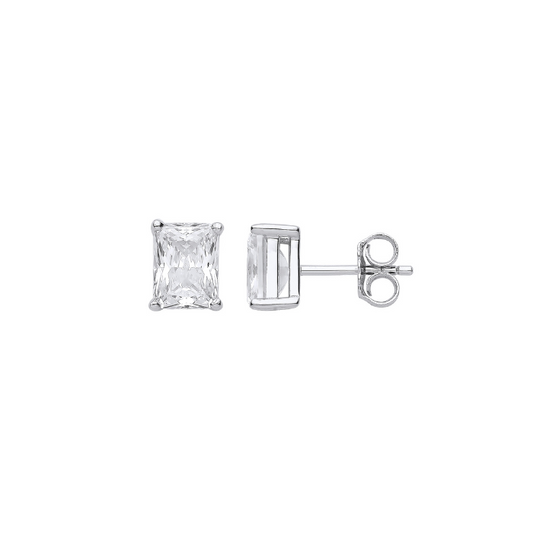 Silver Clear CZ Emerald Cut Stud Earrings