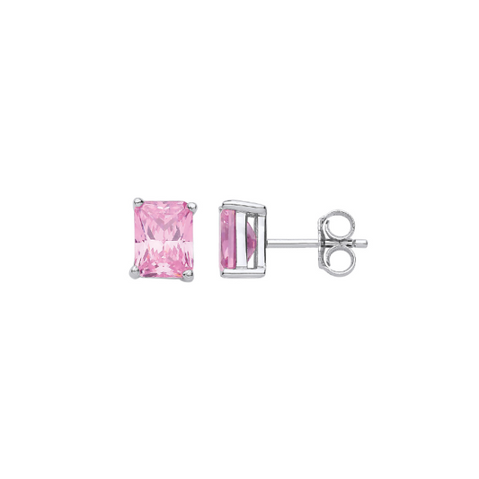 Silver Pink CZ Emerald Cut Stud Earrings