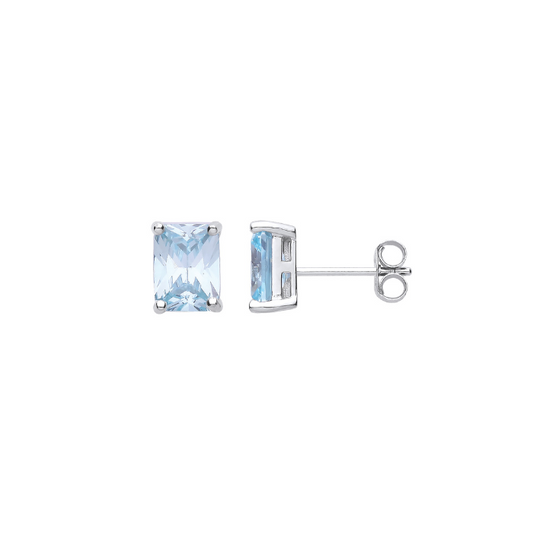 Silver Blue CZ Emerald Cut Stud Earrings