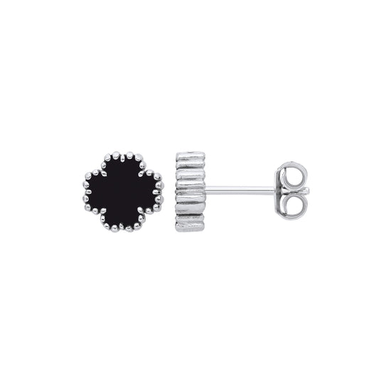 Silver Black Enamel Four Leaf Clover Studs
