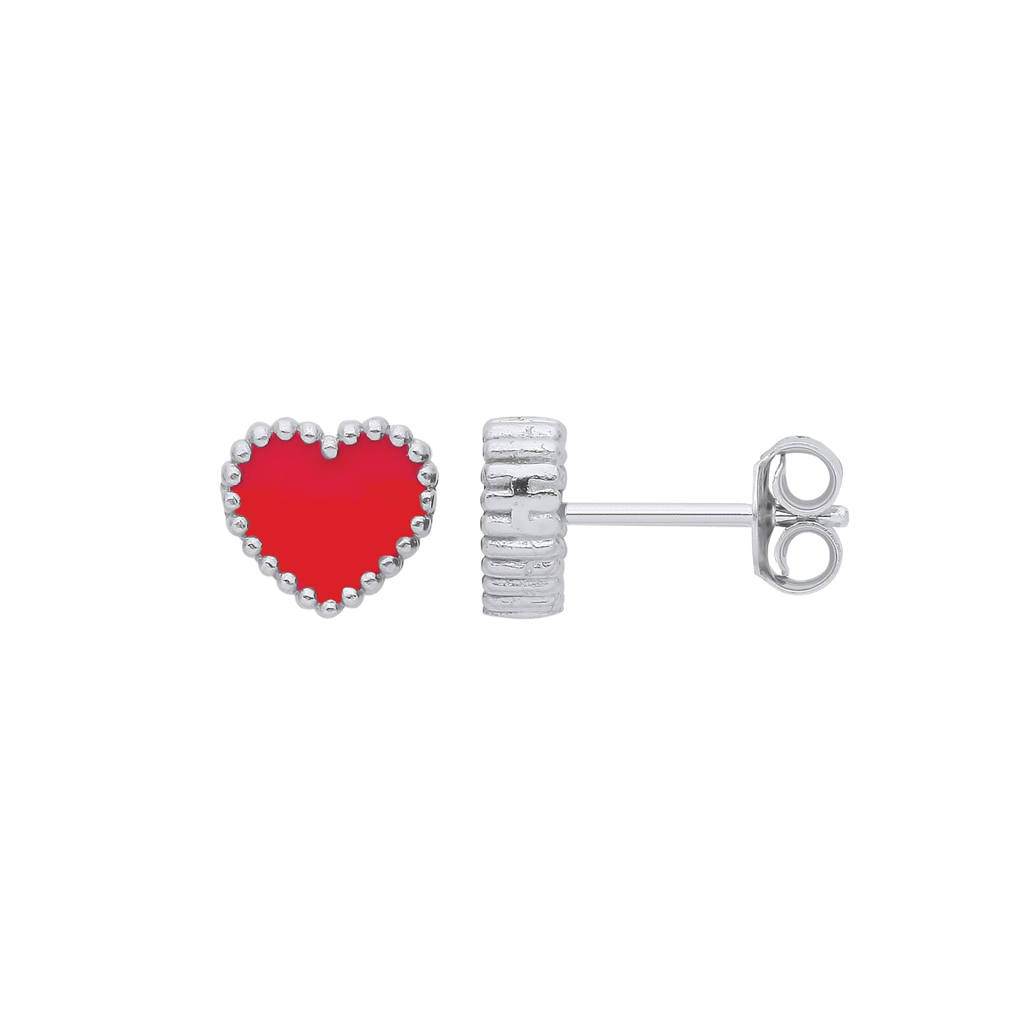 Silver Red Enamel Heart Studs