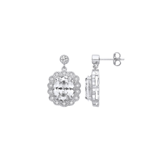 Silver Halo Drop CZ Earrings