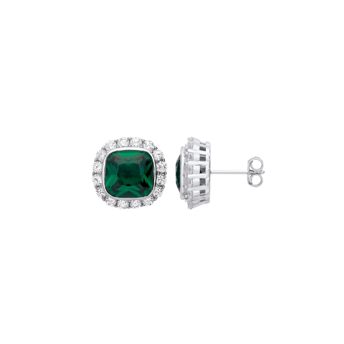 Silver Green CZ Halo Stud Earrings