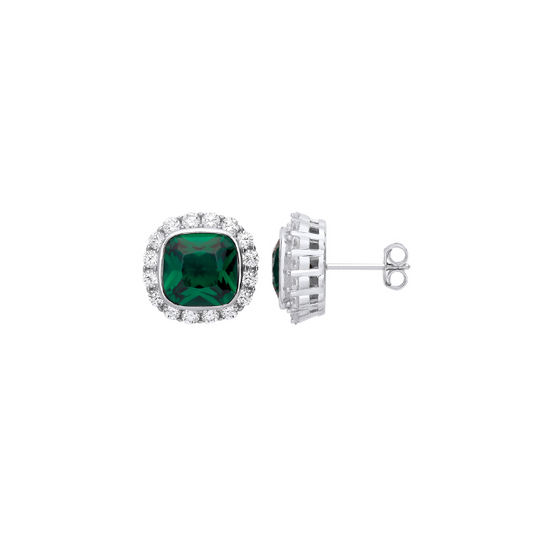 Silver Green CZ Halo Stud Earrings