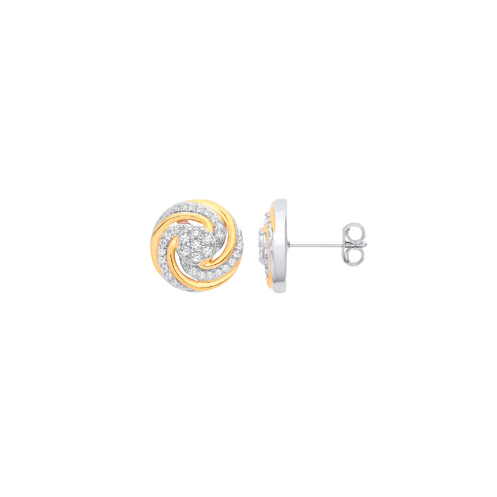 Silver & Yellow Gold Plated Swirl CZ Stud Earrings
