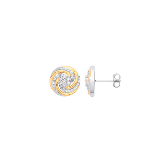 Silver & Yellow Gold Plated Swirl CZ Stud Earrings
