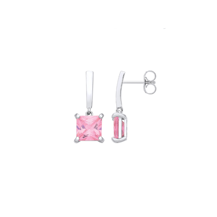 Silver Princess cut Pink CZ Drop Earrings