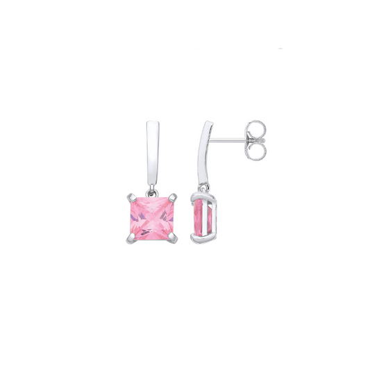 Silver Princess cut Pink CZ Drop Earrings