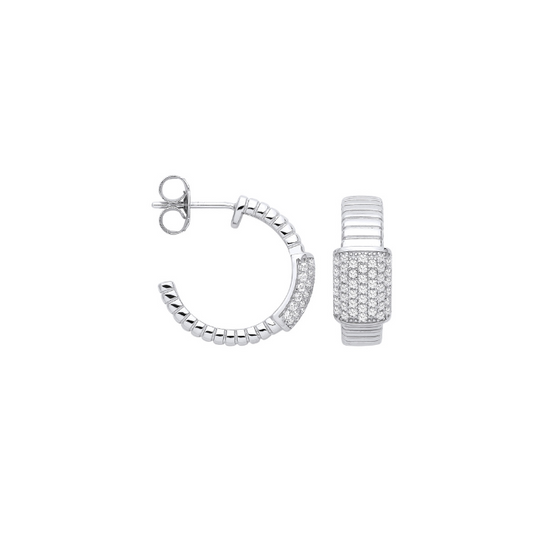 Silver Ribbed Link with CZ ID Plate Earrings