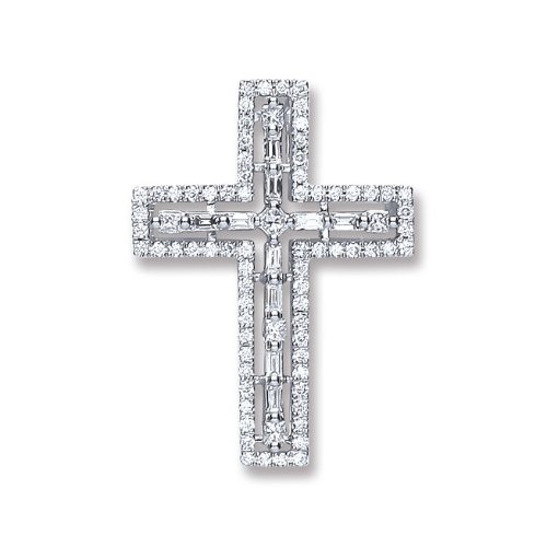 18ct White Gold 0.50ct Baguette & Brilliant Cut Diamond Cross Pendant