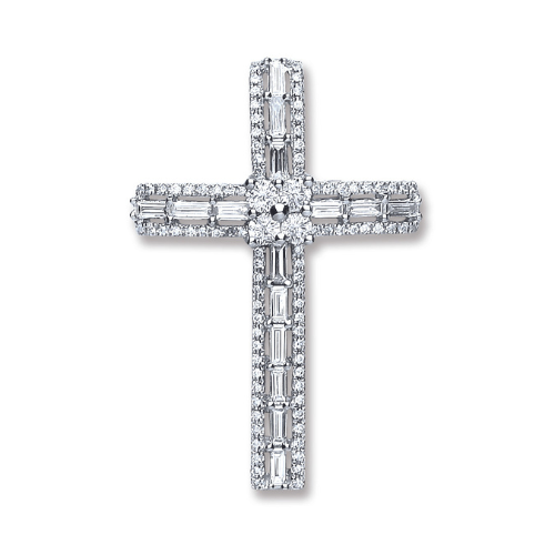 18ct White Gold 1.00ct Baguette & Brilliant Cut Diamond Cross Pendant