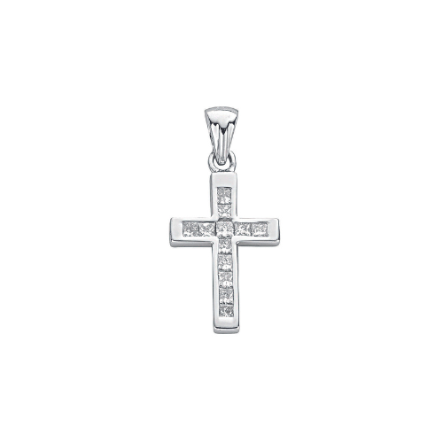 18ct White Gold 0.44ct Princess Cut Diamond Cross Pendant