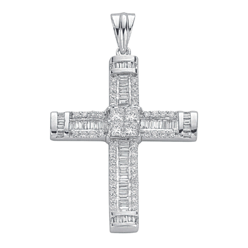 18ct White Gold 1.52ct Brilliant, Princess & Baguette Diamond Cross Pendant