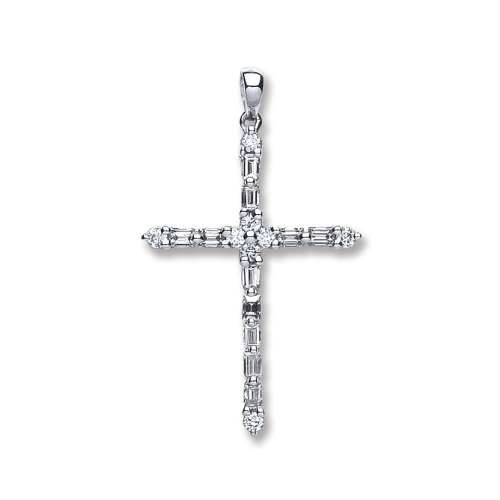 18ct White Gold 0.44ct Baguette & Brilliant Cut Diamond Cross Pendant