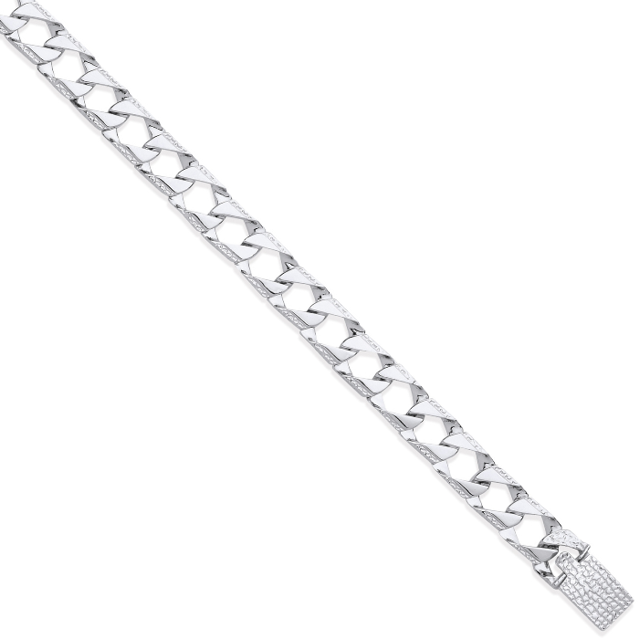 Silver 8mm Square Curb Ribbed Edge Link Bracelet