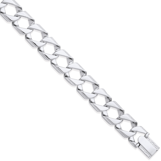 Silver 15mm Large Square Curb Ribbed Edge Link Gents Bracelet