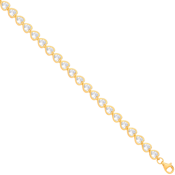 Silver 5.5mm Gold Plated Heart CZ Rubover Tennis Bracelet
