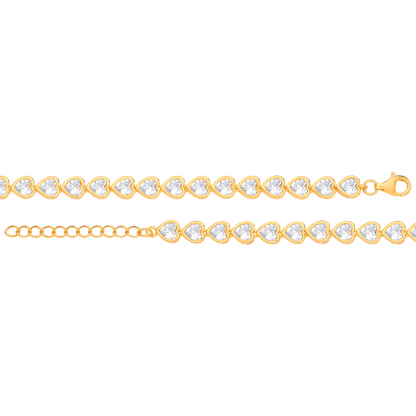 Silver 5.5mm Gold Plated Heart CZ Rubover Tennis Bracelet
